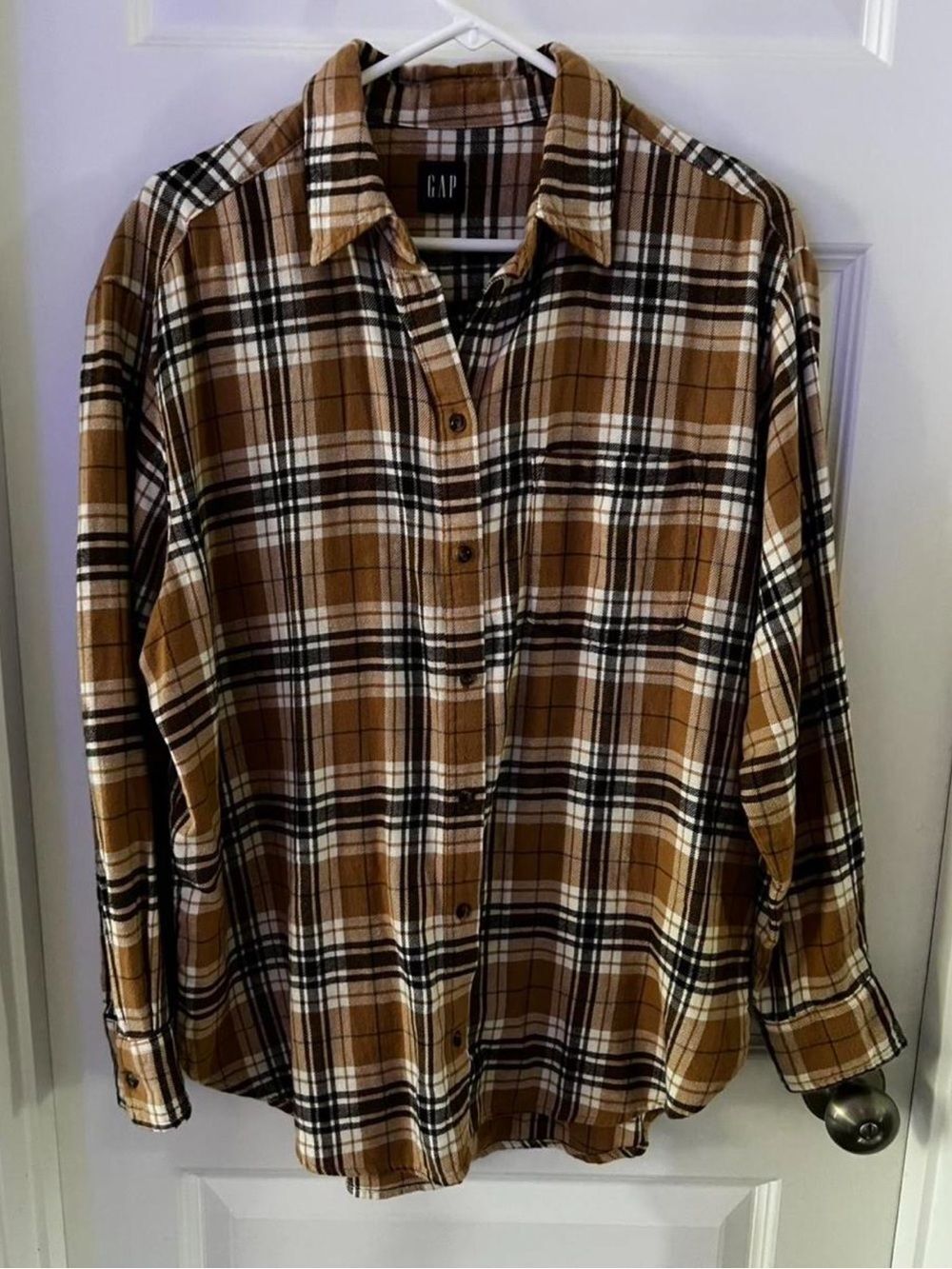 GAP L Tall Multi Ivory Tan Brown Plaid Soft Flannel Long Sleeve Casual Shirt